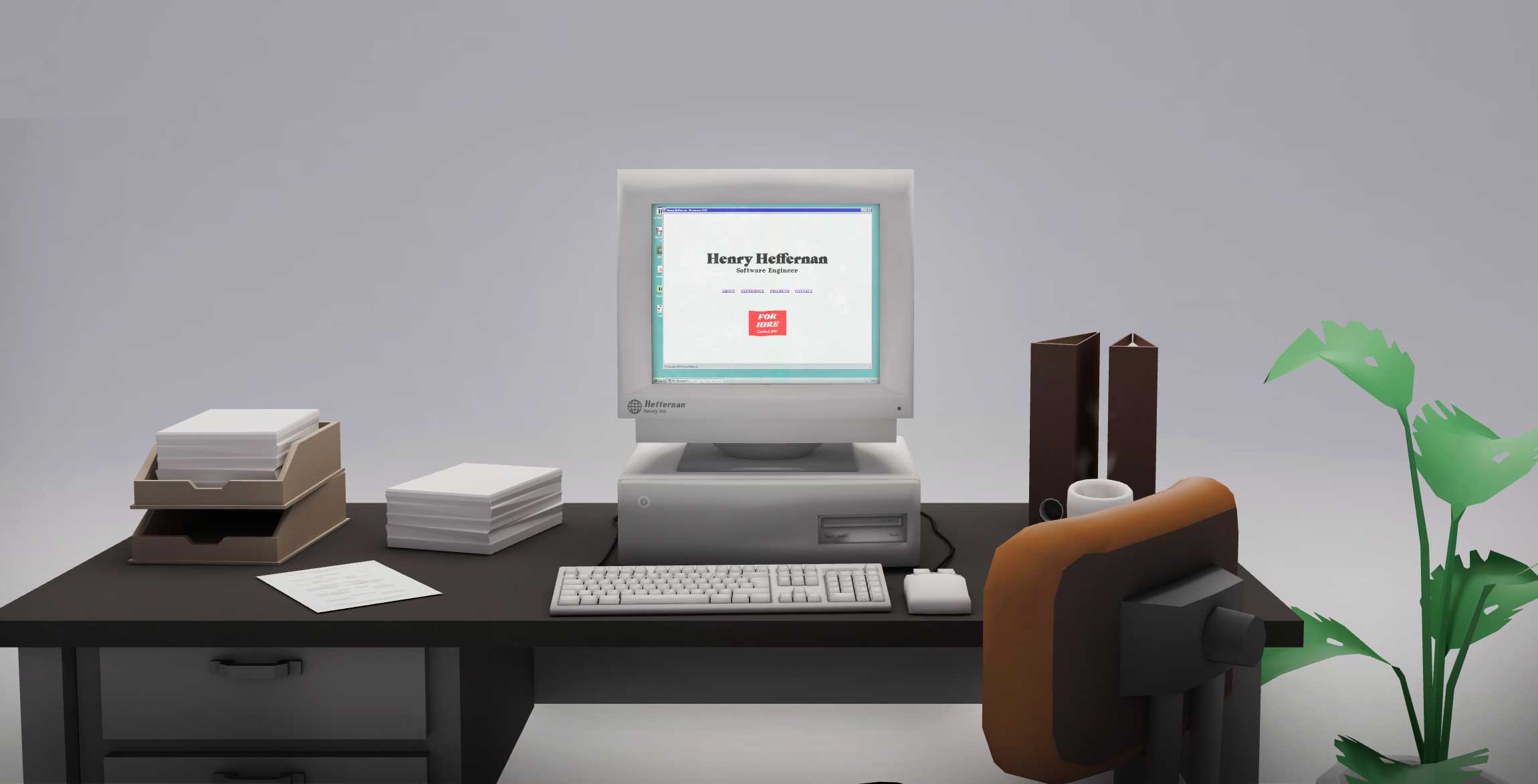 Retro office desk with old computer